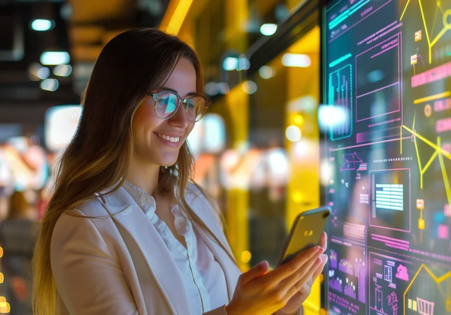 A smiling woman stands in a physical store in front of a digital display, holding her smartphone – symbolizing efficient product data maintenance and digital workflows in retail and consumer goods