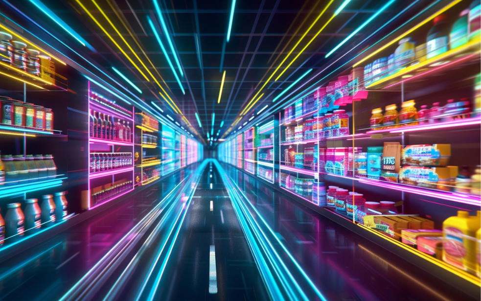 Digitaler Supermarktgang mit neonbeleuchteten Regalen – E-Commerce für Lebensmittel & Getränke in futuristischer Darstellung