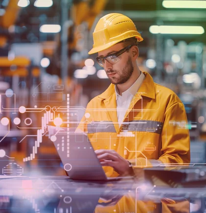 Ingenieur in einer modernen Produktionsumgebung arbeitet mit digitalen Produktdaten für den digitalen Produktpass (DPP) und stellt Compliance sowie Datenqualität sicher.
