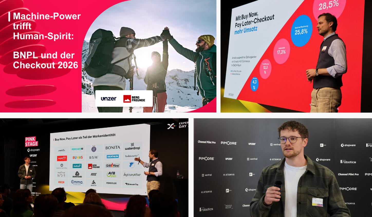 Speaker der Unternehmen Unzer und Bergfreunde auf der Bühne bei ihrer Session über automatisierte Kaufprozesse, BNPL und die Zukunft des Checkouts als Teil der Customer Experience.