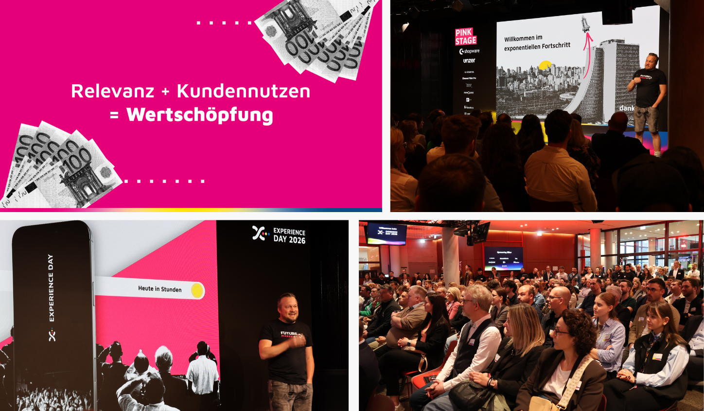 Präsentations-Folie einer Keynote auf dem Experience Day mit der Aufschrift „Relevanz + Kundennutzen = Wertschöpfung“ als zentrales Learning für digitale Geschäftsmodelle.