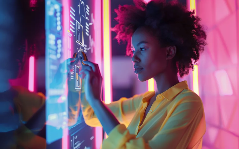 Junge Frau mit gelber Bluse, die einen Touchscreen bedient. Farben des Bildes sind leuchtend in pink, gelb und blau entsprechend dem NETFORMIC CI  | © NETFORMIC