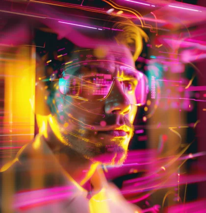 Ein junger attraktiver Mann mit einer Sportbrille umgeben von Lichreflexen, die Daten darstellen sollen in pink und gelb, den CI Farben von NETFORMIC. | © NETFORMIC