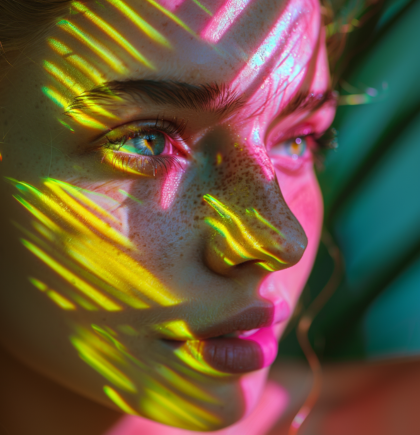 Gesicht einer Jungen Frau mit blau-grünen Augen in gelbem und pinkem Licht  | © NETFORMIC