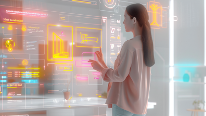 Frau vor digitalem Display – immersive 3D-Visualisierung und Augmented Reality im Einsatz