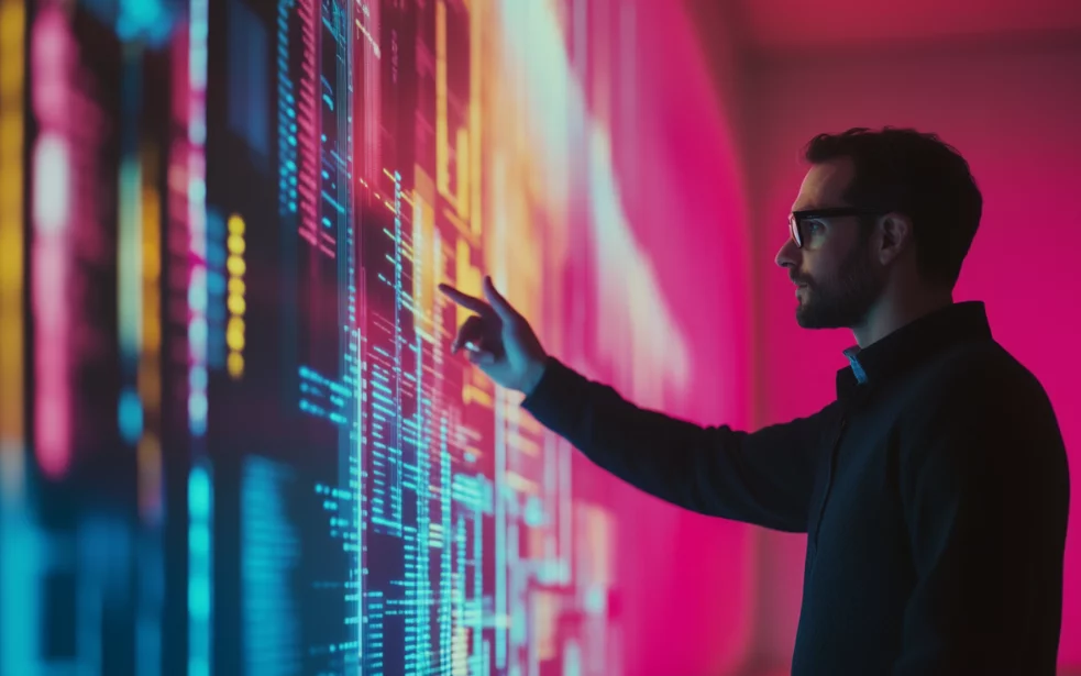 Ein junger Mann - vielleicht ein UX Designer - steht vor einem riesigen Touchscreen und einer pinken Wand. | © NETFORMIC