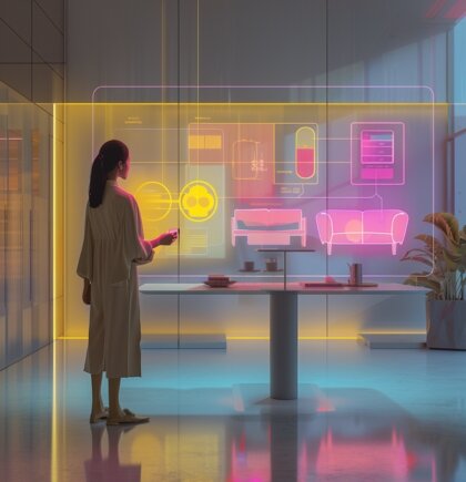 Eine junge Frau steht in einem vor einem Hologram, das zwei verschiedene Sofas zeigt. Es zeigt eine Möglichkeit des Onlineshoppings der Zukunft. | © NETFORMIC