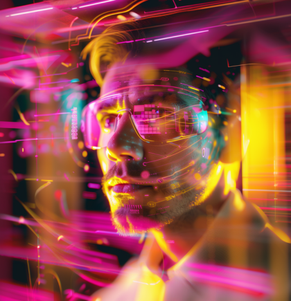 Das Gesicht eines Mannes im Licht verschiedener Farben. Es suggeriert technischen Fortschritt und steht für datengetriebens UX Design.  | © NETFORMIC