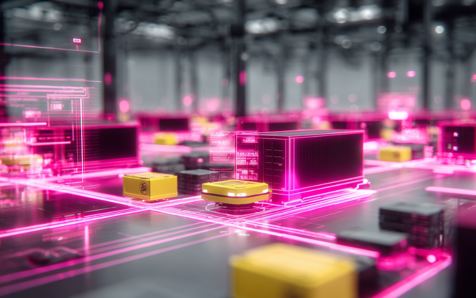 Conveyor belt with packages and digital data streams – hero image showing distribution industry challenges and solutions by a digital agency