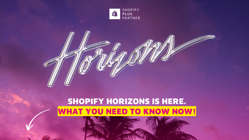 Banner zum Event "Shopify Horizon" mit der Botschaft "What you need to know now", präsentiert von NETFORMIC, zertifizierter Shopify Plus Partner. Das Bild zeigt einen tropischen Sonnenuntergangshimmel und Palmen, passend zum Thema eCommerce-Innovation und Wachstum.