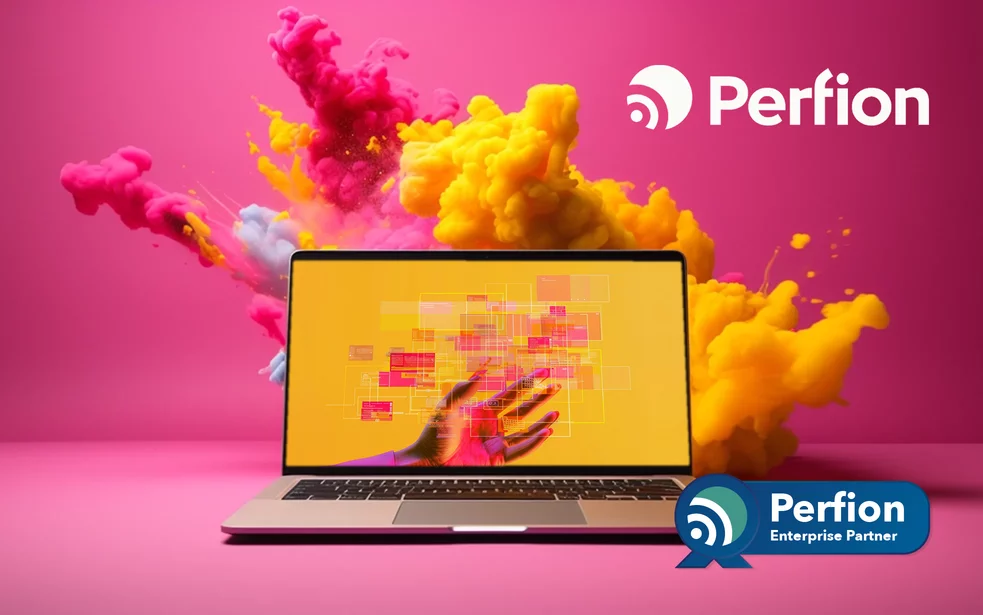 A laptop in front of colorful smoke clouds with the logos ‘Perfion’ and ‘Perfion Enterprise Partner’ – representing NETFORMIC as the #1 Perfion solution partner in the USA, enabling seamless PIM integration into e-commerce ecosystems