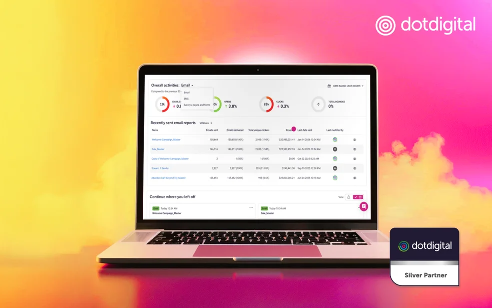 Laptop displaying the Dotdigital marketing automation platform for ecommerce, highlighting NETFORMIC as a certified partner for customer engagement solutions