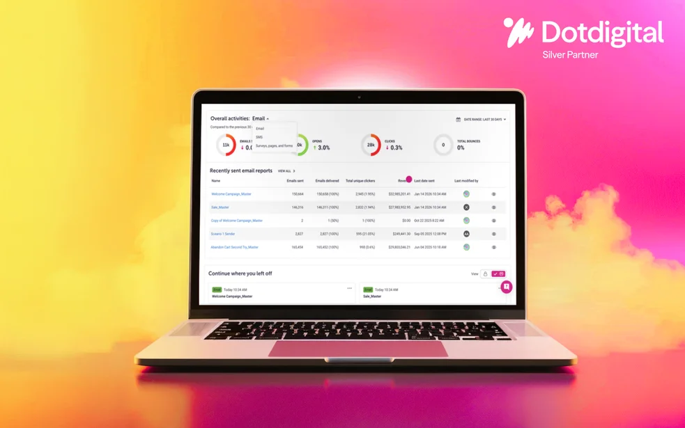 Laptop displaying the Dotdigital marketing automation platform for ecommerce, highlighting NETFORMIC as a certified partner for customer engagement solutions