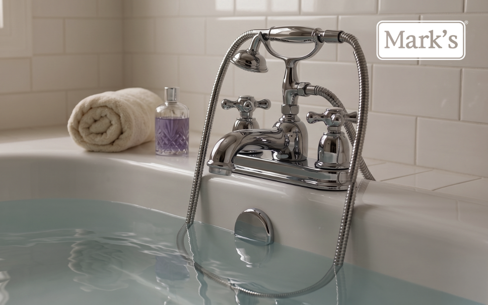 Bathtub with modern American-style faucet representing plumbing products in Mark’s Plumbing advanced search and PIM integration case study