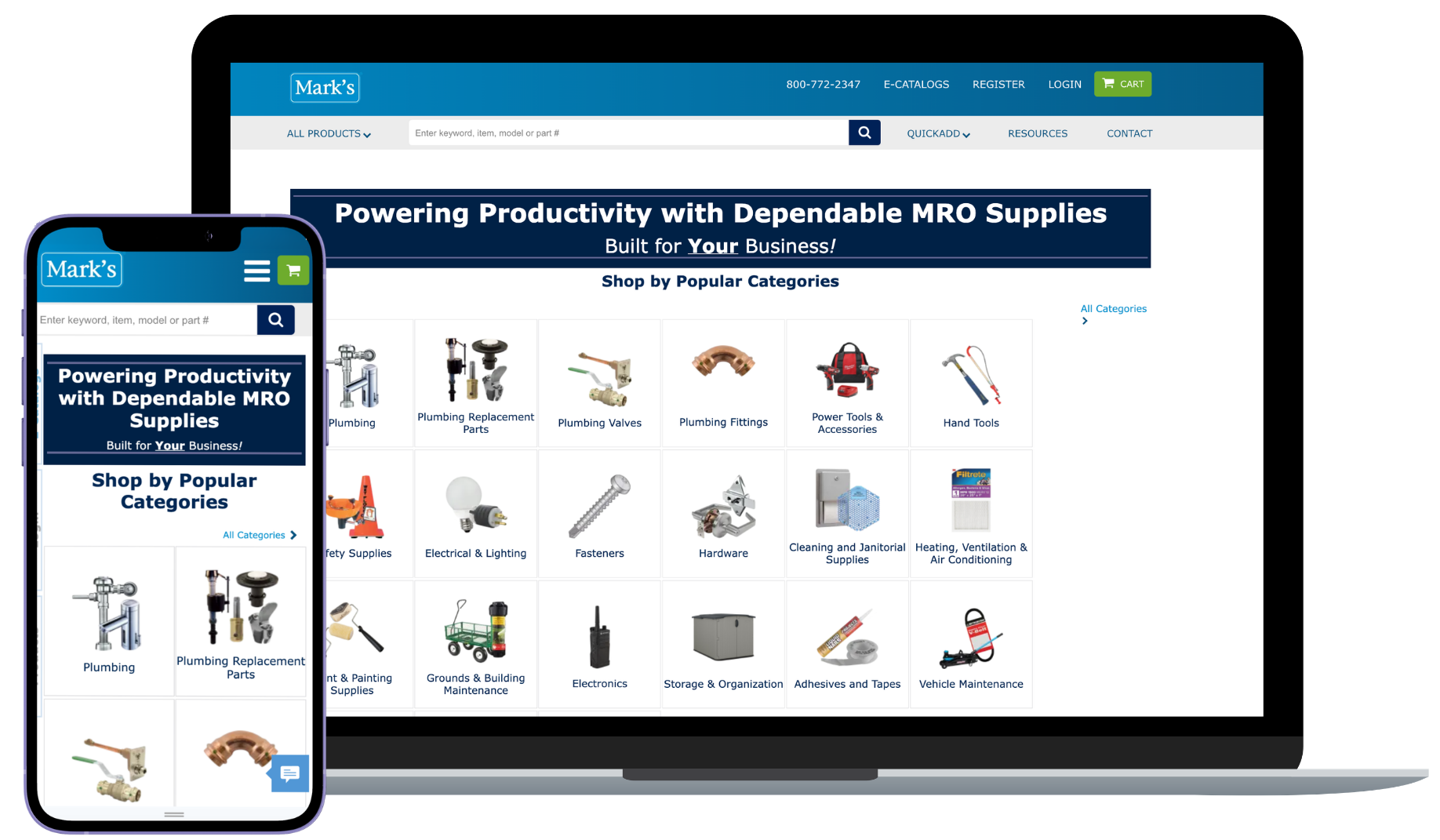 Desktop and mobile view of Mark’s Plumbing B2B eCommerce platform with advanced product search and PIM integration