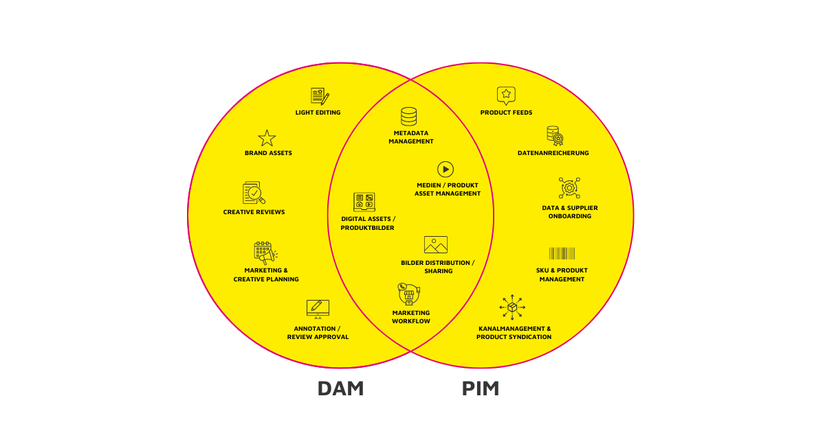 Abbildung der PIM Leistungsbereiche und DAM Leistungsbereiche, mit den Schnittmengen von PIM und DAM Leistungen, wie z.B. Metadata Management