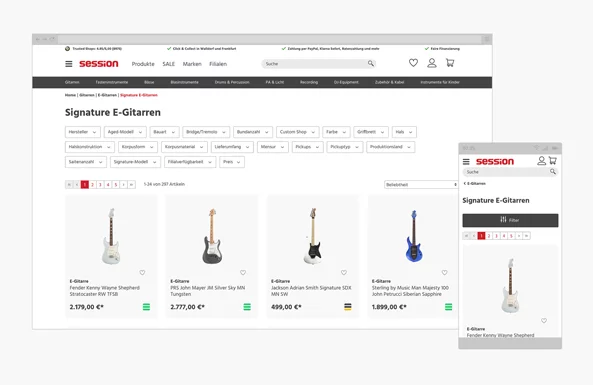 Session Kundencase Eine Bildschirmaufnahme von dem Session Online Shop. Produktdarstellung von Gitarren.