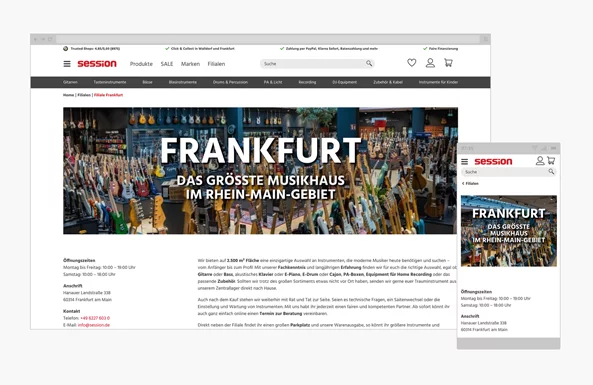 Session Kundencase Eine Bildschirmaufnahme vom session Online Shop in Destop und Mobiler Ansichten.