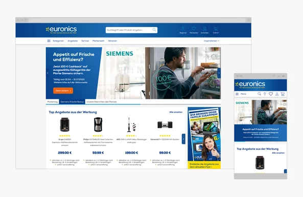 Euronics Kundencase Eine Bildschirmaufnahme vom euronics Online Shop in Desctop und Mobiler Ansichten.