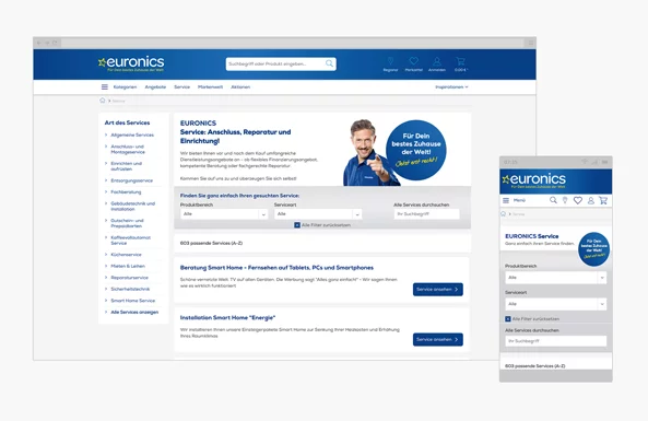 Euronics Kundencase Eine Bildschirmaufnahme vom euronics Online Shop in Desctop und Mobiler Ansichten.