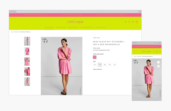 Eine Bildschirmaufnahme vom rich & royal Online Shop. Darstellung eines Produktes in Desctop und mobiler Ansichten