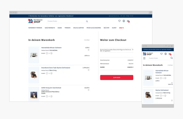 Nordwest Mediengruppe Kundencase Desctop und mobile Ansicht des Online Shops von Nordwest Mediengruppe.
