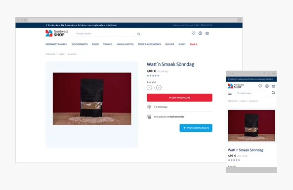 Nordwest Mediengruppe Kundencase Desctop und mobile Ansicht des Online Shops von Nordwest Mediengruppe.