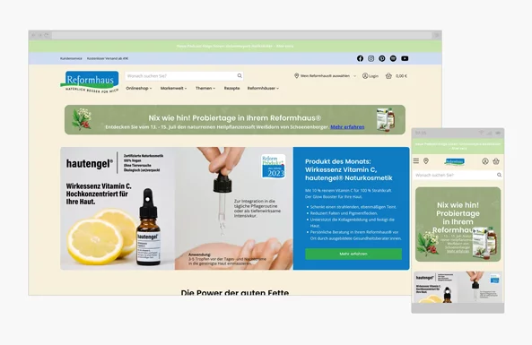 Reformhaus Kundencase Desctop und mobile Ansicht von Reformhaus Online Shop.