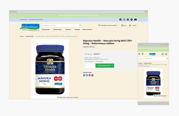 Reformhaus Kundencase Desctop und mobile Ansicht von Reformhaus Online Shop.
