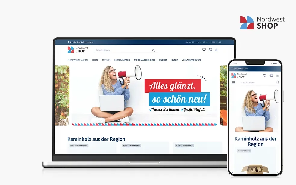 Kundencase Nordwest Shop: Performanter E-Commerce auf allen Geräten Die Desktop- und Mobile-Ansicht des Nordwest Shops nebeneinander – Beispiel für ein erfolgreich umgesetztes E-Commerce-Projekt mit responsivem Design.