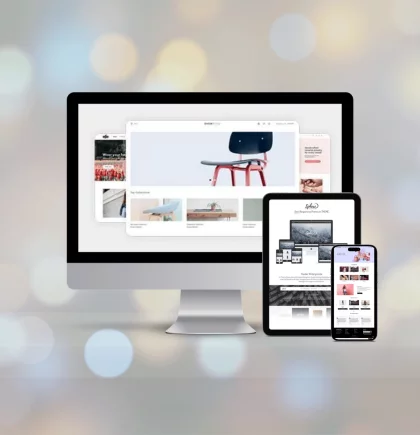Shopware Rise. Premium Themes Laptop, Tablet und Handy mit unterschiedlichen Themes von Online Shops auf den Bildschirmen stehen auf dem grauen Hintergrund.